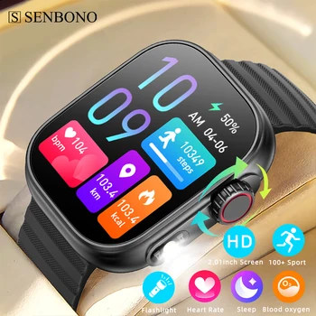 SENBONO Нов 2,01-инчов HD-Голям Екран на Bluetooth Разговори Умни Часовници За Мъже За Жени 100 + Спортни Температура Smartwatch За Huawei, Xiaomi