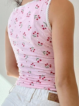 Дамски окото риза без ръкави в стил мозайка с черешов принтом, стилна лятна ежедневни приталенная тениска за градинска дрехи