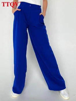 TTQV Ежедневни нови сини прости дамски панталони, есенни елегантни обикновен дамски панталони с висока талия, модерни прави панталони пълна дължина