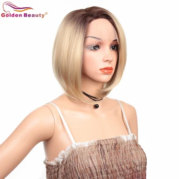 Golden Beauty 12-инчов синтетичен кратък права перука Бобо за жени Tpart завързана перука от светло черна перука от высокотемпературного влакна