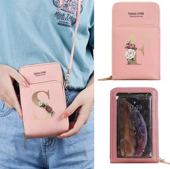 Универсална чанта за мобилен телефон със златен модел и сензорен екран, дамска чанта, портмоне от изкуствена кожа, държач за карти, чанта през рамо