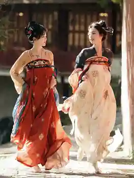 Традиционен китайски черно-червен костюм Ханфу на жената в древното рокля, елегантна рокля източна принцеса, дрехи за танци на династията Танг