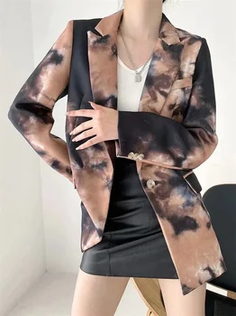 Сако в стил мозайка с чернильным принтом 2021, женски ретро всекидневни офис блейзър със средна дължина на една пуговице, костюм, нова мода е лесна градинска облекло