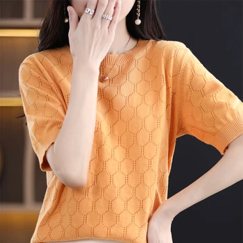 2023 Пролет/лято, нов дамски пуловер памук с къс ръкав и кръгло деколте, риза, тениска, вязаный основен пуловер