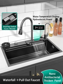 Кухненска мивка с водопад, цифров разтегателен кран, единична мивка, кухненски прибори, пералня, захранващи сапун, температурна мивка
