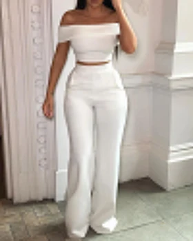 2022, Нов стил, женски модерен съкратен топ с къс ръкав и висока талия, комплект панталон-клеш, секси комплект дрехи
