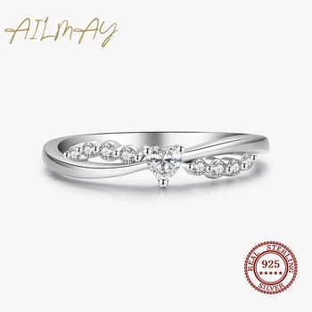 Ailmay, стерлинговое сребро 925 проба, елегантна пенливи пръстен с кубическим цирконием във формата на сърце, пръстен върху пръста за жени, бижута сватба и за годеж, подарък