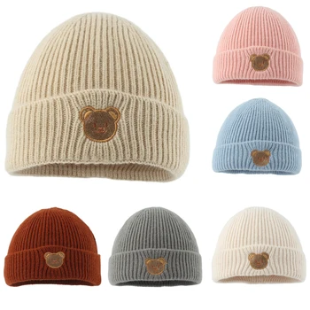 2023 Корея есенно-зимна детска шапка за момчета ярки цветове, вязаная капачка за малки момчета, детски вязаная шапка с бродерия на формата на главата на мечката за момичета