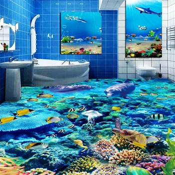 beibehang Подводен свят на Делфините Фотопол на поръчка 3d подови настилки за баня Стенни рисувани PVC тапети, самозалепващи се тапети