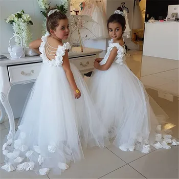 Бяла рокля за първо причастие слонова кост за момичета, водоразтворими дантелени рокли за момичета в цветенце за деца, рокли за сватби и партита