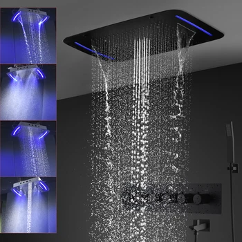 Матово черен led душ-панел в луксозен стил, миксер с постоянна температура, отклоняющий клапан, СПА-спрей, накрайник за душ с дъждовна тупалка, кран
