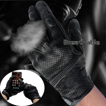 Ръкавици от перфорирана кожа, ретро мотоциклетни ръкавици, мъжки ръкавици за мотокрос със сензорен екран, твърда обвивка, велосипедни ръкавици, дишащи