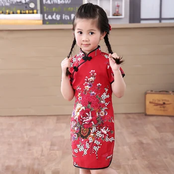 2019 детско китайското рокля за момичета, лятна стилна детска памучен дрехи с къс ръкав, традиционни рокли за деца