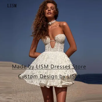 LISM Сладка мини-пола с елече чашки, сватбени рокли за парти, за абитуриентски бал, без ръкави, апликации, дантелено плажна рокля за бала, вечерна рокля