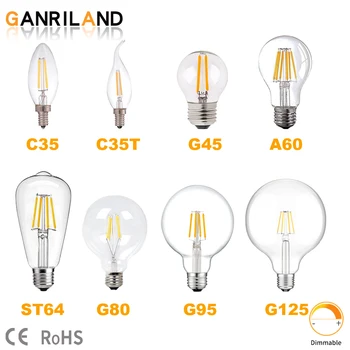 Ganriland E27 E14 Едисон Led Лампа с нажежаема Жичка 220 В Електрическата Крушка C35 G45 A60 ST64 G80 G95 G125 Стъклена Лампа Реколта Свещ