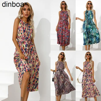 Dinboa-2023 Лятото женствена рокля без ръкави с шнур на кръста с принтом
