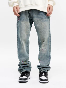 Европейските и американските мъжки ластични дънки Y2K, удобни сини дънки с бродерия, модерни ежедневни панталони, марка дрехи, мъжки панталони