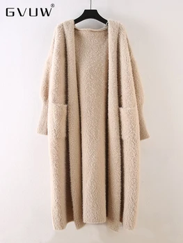 GVUW есента нов вязаный жилетка, пуловер, дамски имитация на минк, дълго свободно темпераментное утолщенное палто с качулка, женски 2023 17G2221