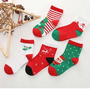 5 двойки коледни детски памучни чорапи Зима-есен за момчета и момичета, удобни чорапи за новородени с шарките на Санта Лосове, детски коледен подарък