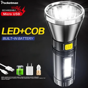 Супер ярък COB led фенерче със странична подсветка Мощна вградена батерия USB акумулаторна лампа преносим фенер за нощуване на открито