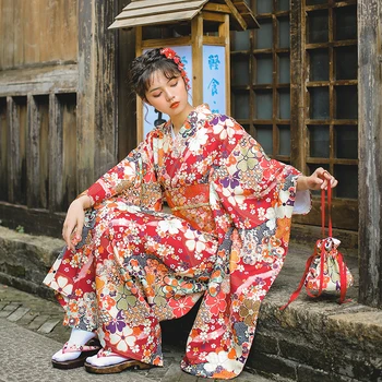 Традиционно японско кимоно, тъмно-червена дреха в стил юката с оби, рокля за момичета за cosplay на Хелоуин
