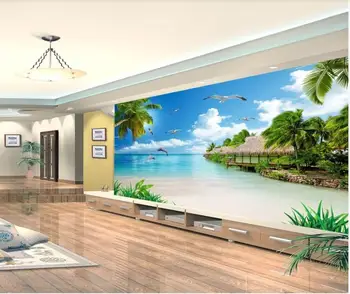потребителски снимки на 3d тапети Красива гледка към морето, кокосови палма делфините хол начало декор на 3d стенописи тапети за стени d 3