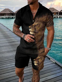 Летен мъжки костюм с принтом свирепого лъв, ежедневни мъжки t-shirt с вентилация голям размер, плажни, спортни къси панталони