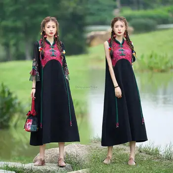 2023, женски лятото свободно рокля с бродерия в китайския ретро-национален стил, винтажное рокля-ципао в етнически стил, дълго ежедневното рокля s414