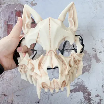 Вечерни маска на череп Дълги зъби Демон Скелет Маска на половината от лицето на Вълк Дракон, Тигър Маска Houjuu Nue Cosplay костюм за Хелоуин, Реквизит