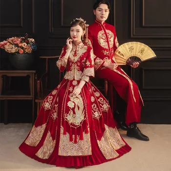 Сватбената рокля на булката, дрехи за шоуто в китайски стил, китайското булчинската рокля на булката, елегантни костюми за наздравици, китайското традиционната рокля за чужбина
