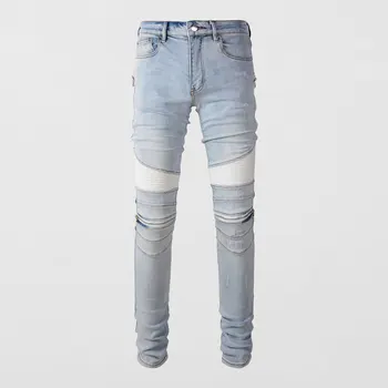 Модерни мъжки дънки в ретро стил, светло синьо, стрейчевые, стегнати, скъсани дънки, мъжки сращенные дизайнерски байкерские панталони в стил хип-хоп, мъжки панталони