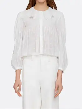 Дамска риза с бродерия и цветен модел, бяла плиссированная риза с дълъг ръкав-фенерче, дамски блуза, есен 2023