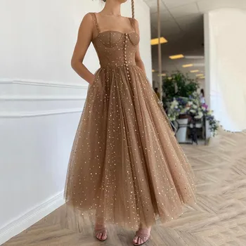 Кафяви евтини рокли за бала Кратко вечерна рокля за срещата на завършилите 2021 г. с намаляване на златен цвят с дължина до стария чай Официални дамски официални рокли