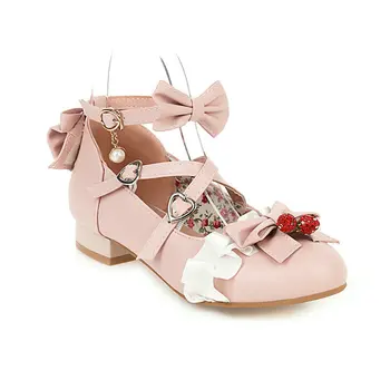 Сватбени обувки в стил сладка Лолита с лък и дантела за момичета, женствена рокля на принцеса на ниски токчета, вечерни обувки за cosplay, розови, големи размери 30-46