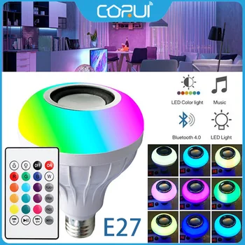 CORUI Bluetooth музикална лампа E27 RGB led крушка 12 Вата с регулируема яркост умна цветна музикална лампа Безжично дистанционно управление с приложение