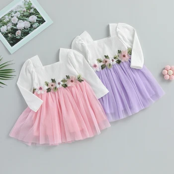 Listenwind, пролет-есен сладка принцеса рокля от тюл с дълъг ръкав, рокля в стил мозайка с флорална декорация за момичета от 9 до 4 години