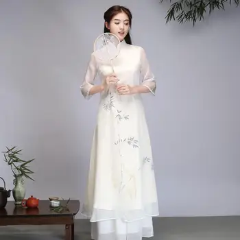 Китайското страхотна рокля Ao dai Рокли Женски винтажное рокля Дълго лятно бяло с принтом панталони