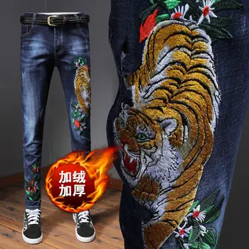 Мъжки зимни дънки, стрейчевые тесни панталони, мъжки панталони с бродерия във формата на животно, тигър, змия, флисовые дънки