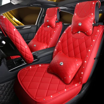 Луксозни калъфи за автомобилни седалки, кожени калъфи за предните и задните седалки, автомобилни протектори, универсални с женската корона, кристали, нитове за подреждане