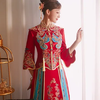 Булчинската рокля на булката в ретро стил, китайски пайети, бродерия с мъниста, пискюли, дрехи за наздравици Чонсам
