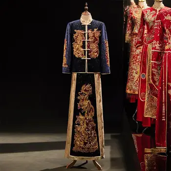 Традиционно китайското ципао за мъже с бродерия син дракон, вечерна рокля за булката, костюм за сватбени тостове, костюм за младоженеца Тан, дълга рокля