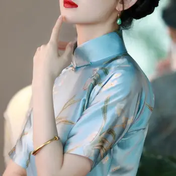 Имитация на коприна в стил ретро Китайска Република, на принтом нарцис яка-часова, женски жилетка Чонсам
