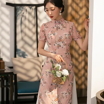 Новост лятото 2023, розово Ад Дай, дълга тънка Чонсам, всекидневни ципао, традиционен китайски подобряване на рокля, европейската дрехи за жени