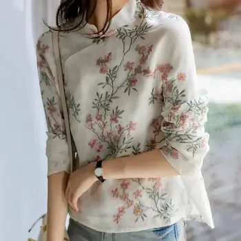 Страхотна пролетна блуза, мека женска риза в китайски стил, риза Чонсам с дълъг ръкав, универсален