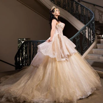 Доймени Шампанско блестящи буйни рокли в стила на сладко момиче с аппликацией Цветя на няколко нива парти принцеса сладък 15 бална рокля 2024
