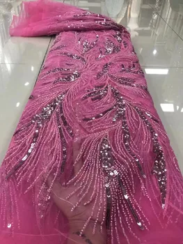 розови топ нигерийски дантелени тъкани, модни дамски обувки, африканските тюлевое дантела, Пищни тъкани, ръчно изработени с мъниста и пайети, плат за сватба
