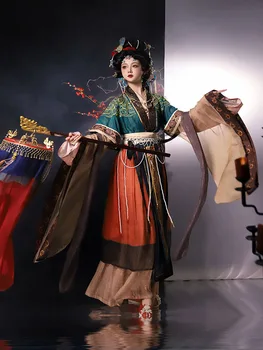 Китайското рокля Hanfu, женски ретро традиционен кралят и cosplay на Хелоуин костюм 2023, лятно зелено и червено рокля Hanfu с бродерия