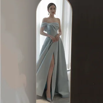 Френското атласное сватбена рокля, сиво-синьо елегантна дълга сватбена рокля на топ-тръба, секси рокля за водещ на банкет с цепка, жена