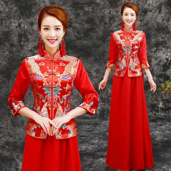 1 компл./лот, жена червен чонсам в китайски стил, шифоновый сатен, ципао, дамасский комплект с бродерия на половин ръкави, чонсам