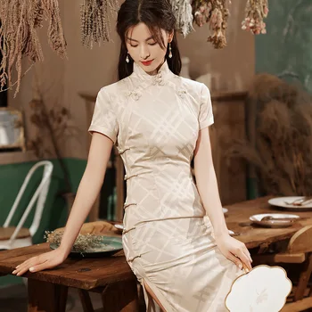 Нов женски китайски стил, източен Чонсам с къс ръкав, тънък дълъг секси ципао с висока цепка, размер 3XL